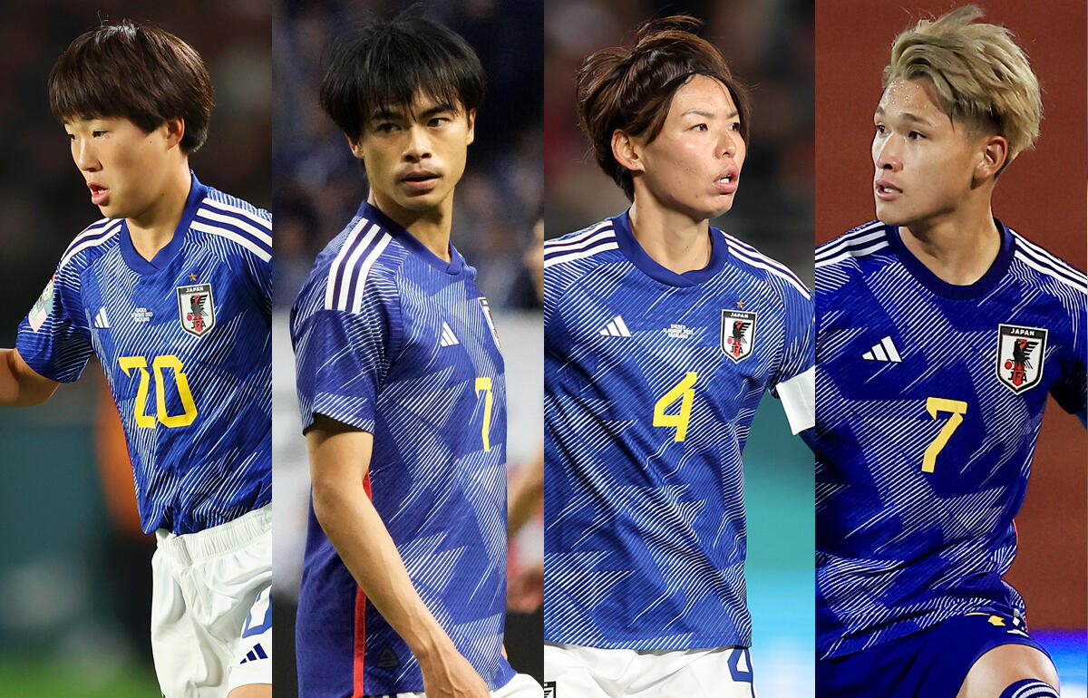 年間表彰でノミネートされた浜野まいか、三笘薫、熊谷紗希、松木玖生(左から)