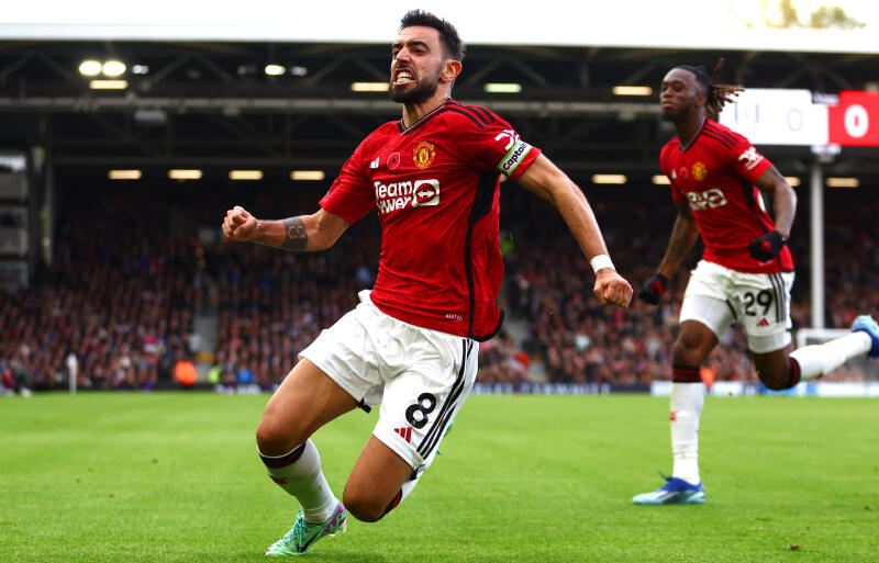 ユナイテッド主将のブルーノ・フェルナンデスが90＋1分の決勝ゴールで喜びを爆発させる。