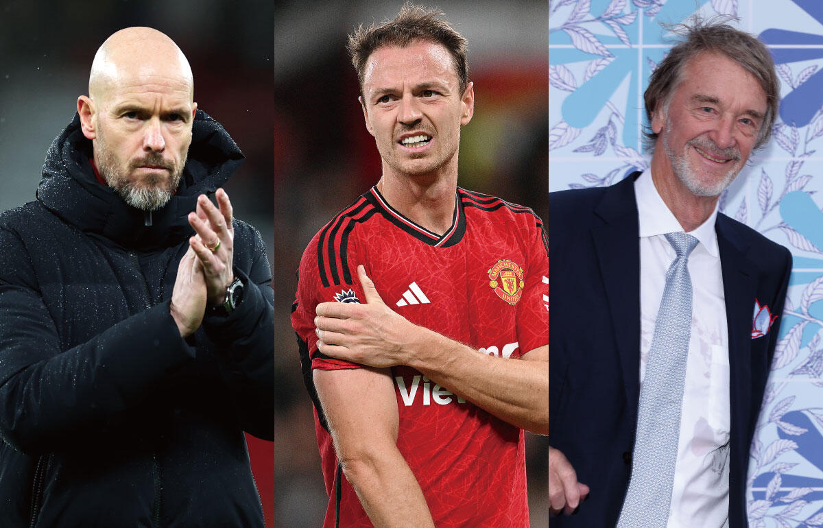 テン・ハグ監督(左) エバンス(中央) ラトクリフ氏(右)