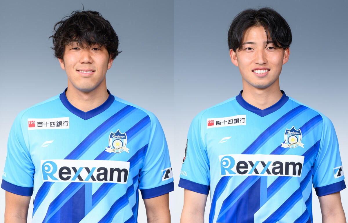 讃岐と契約更新した長谷川隼(左)と小松拓幹