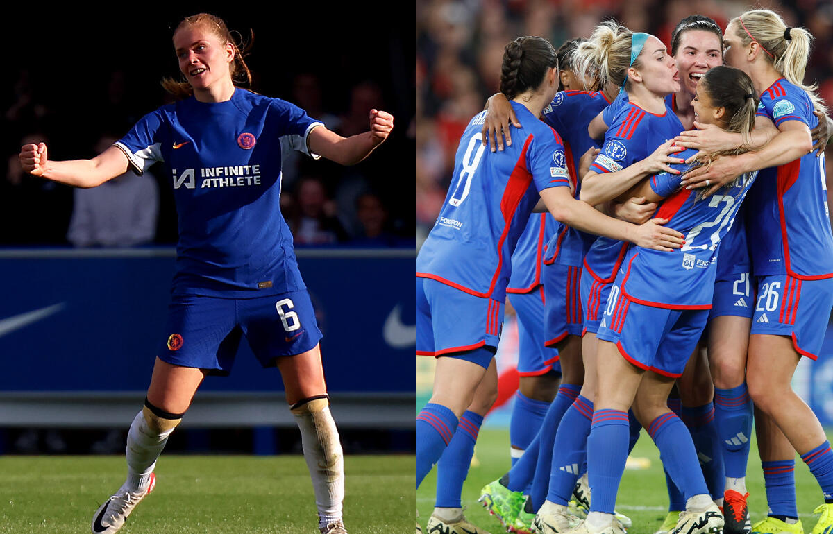 2ゴールのチェルシーMFニュスケン(左)と、ゴールに歓喜の輪を作るリヨンの選手たち(右)