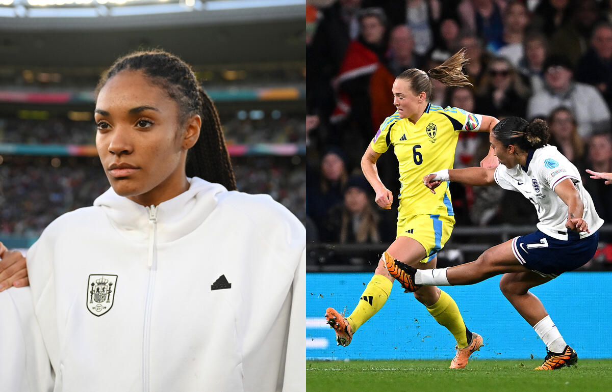 ハットトリックを達成したスペインのパラジュエロ(左)、右はイングランドFWジェームズとスウェーデンDFエリクソン