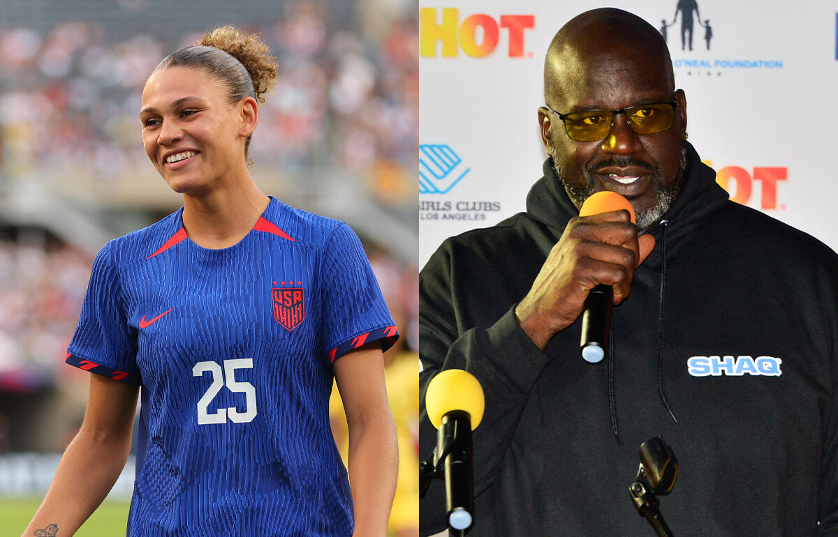 アメリカ女子代表FWトリニティ・ロッドマン(左)と元NBA選手のシャキール・オニール氏(右)