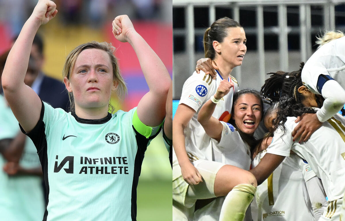 決勝点を挙げたチェルシーのエリン・カスバート(左)と、逆転ゴールに歓喜するリヨンの選手たち(右)