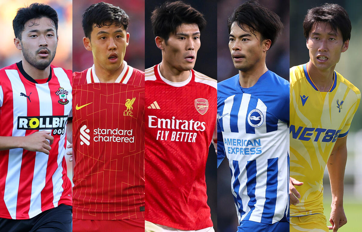 今季プレミアでプレーする菅原由勢、遠藤航、冨安健洋、三笘薫、鎌田大地(左から)