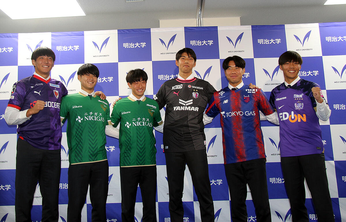 明大J内定会見…右から中村、常盤、上林、熊取谷、内田、永田