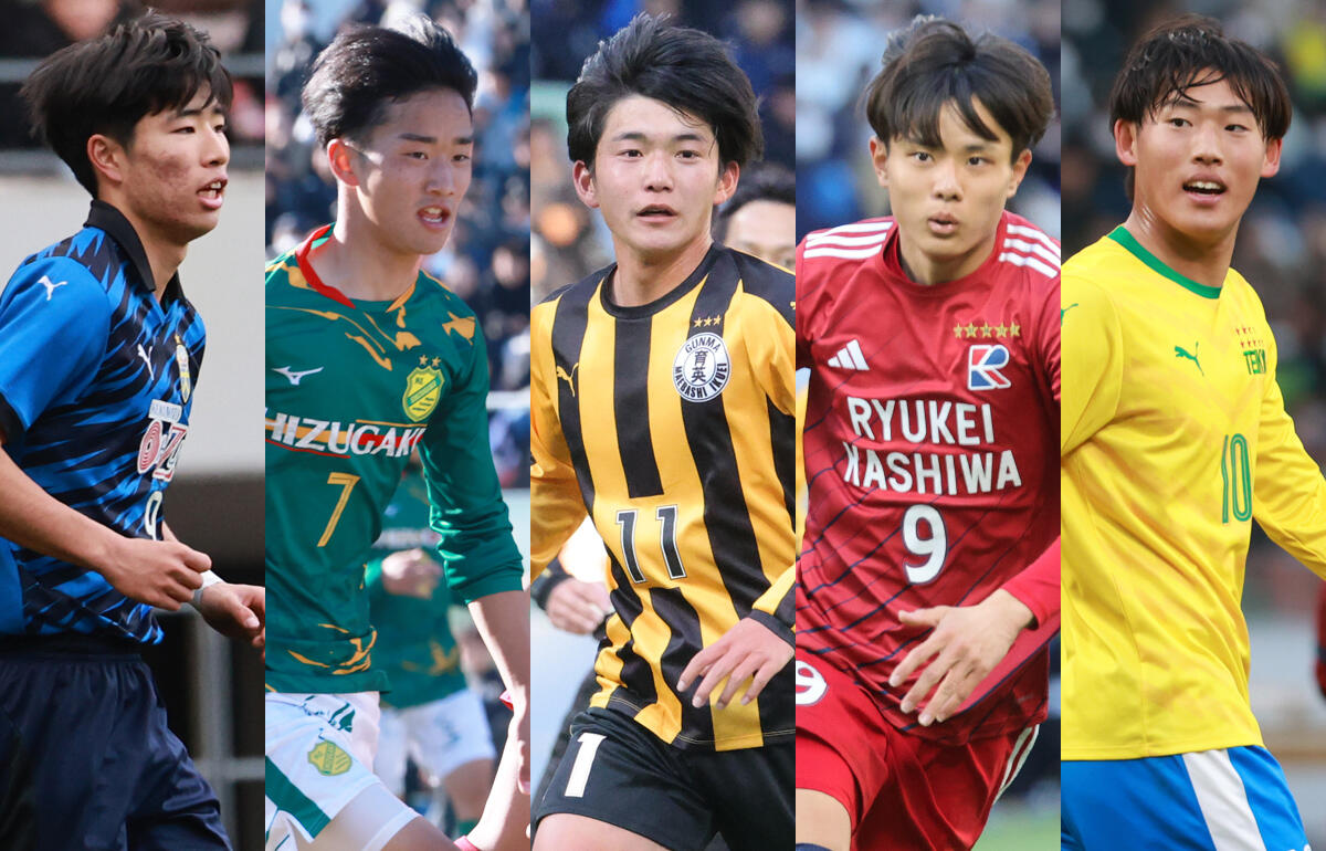 高校サッカー選抜に選ばれた山下景司、原星也、黒沢佑晟、山野春太、森田晃(左から)